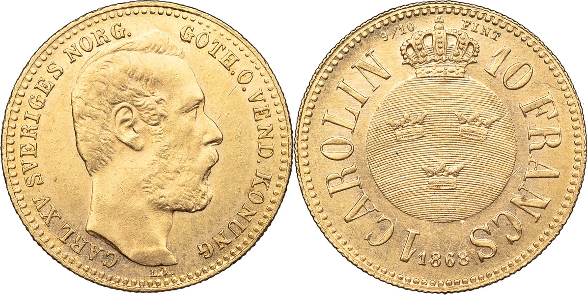 KARL XV (1859-1872). Carolin / 10 francs 1868.