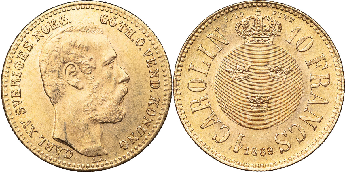 KARL XV (1859-1872). Carolin / 10 francs 1869.