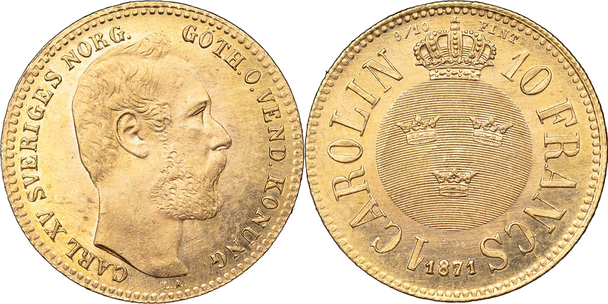 KARL XV (1859-1872). Carolin / 10 francs 1871.
