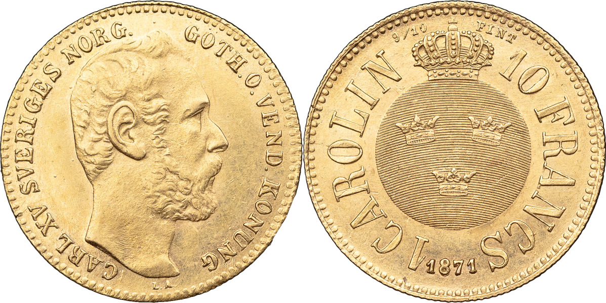 KARL XV (1859-1872). Carolin / 10 francs 1871. Porträtt med stort öra.
