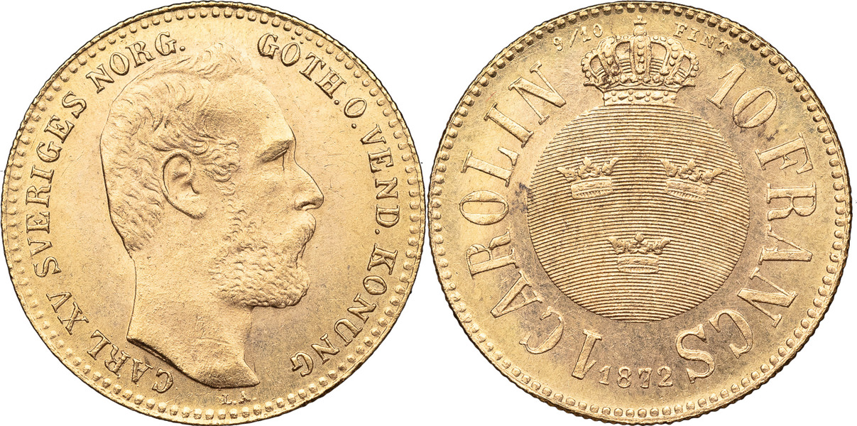 KARL XV (1859-1872). Carolin / 10 francs 1872.