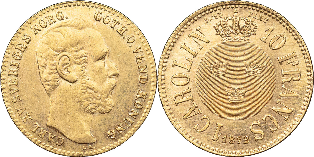 KARL XV (1859-1872). Carolin / 10 francs 1872. Porträtt med stort öra.