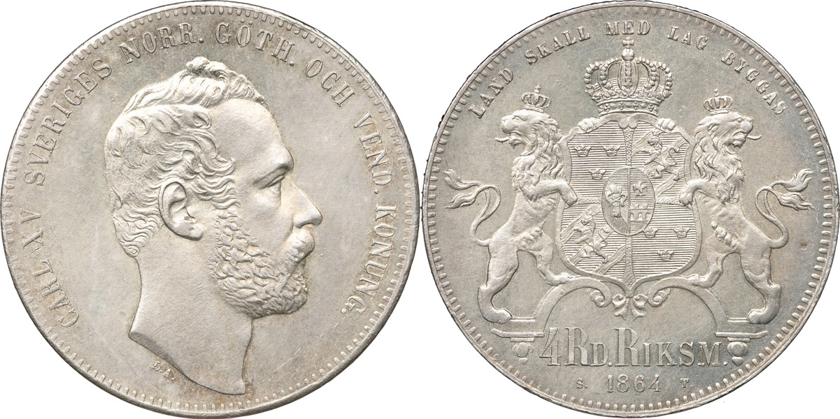 KARL XV (1859-1872). 4 riksdaler riksmynt 1864.
