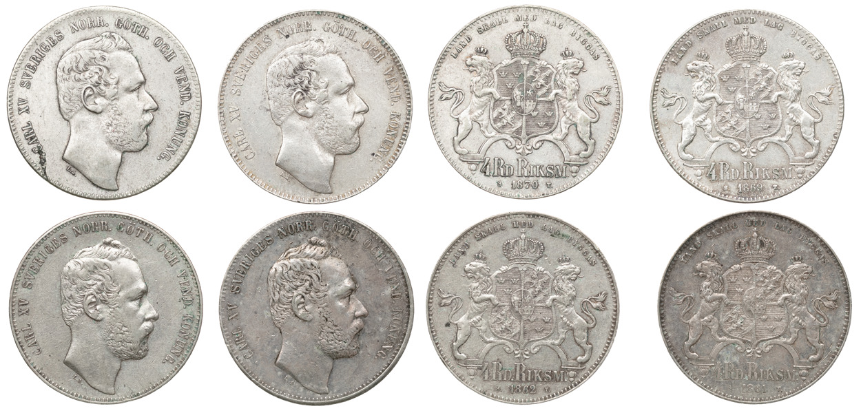 KARL XV (1859-1872). 4 riksdaler riksmynt 1861, 1862, 1869, 1870. Lot of 4.