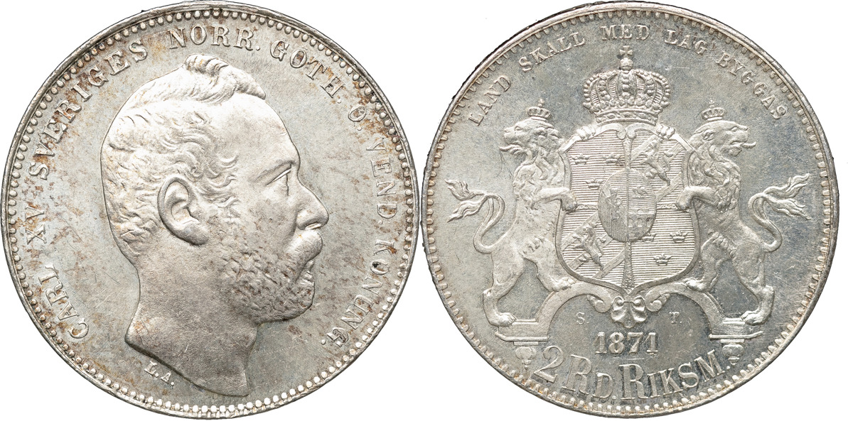 KARL XV (1859-1872). 2 riksdaler riksmynt 1871. Bredare huvud.