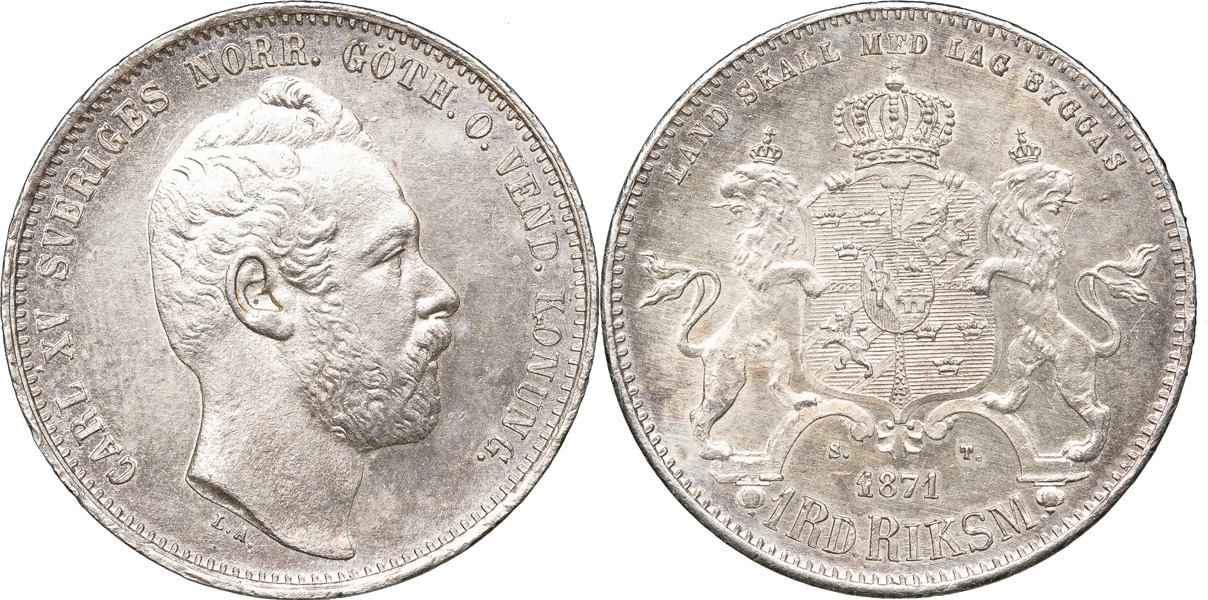 KARL XV (1859-1872). Riksdaler riksmynt 1871.