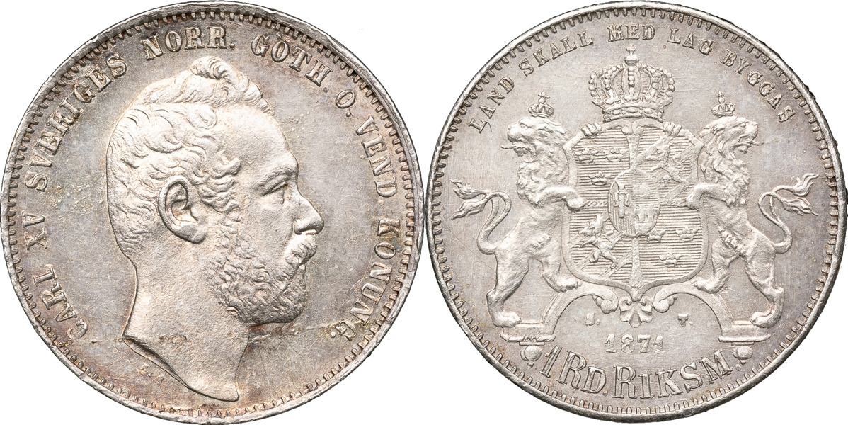 KARL XV (1859-1872). Riksdaler riksmynt 1871.