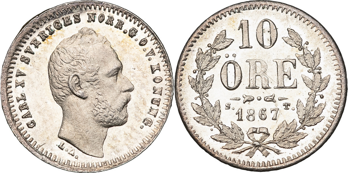 KARL XV (1859-1872). 10 öre 1867.