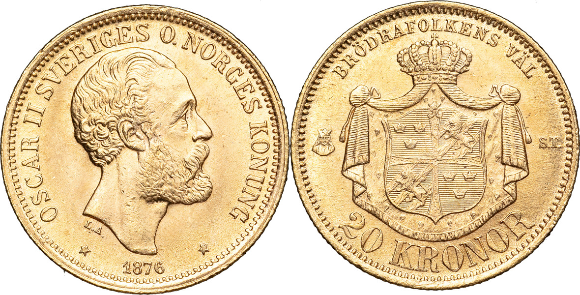 OSKAR II (1872-1907). 20 kronor 1876. Äldre typ utan hjärtsköld.