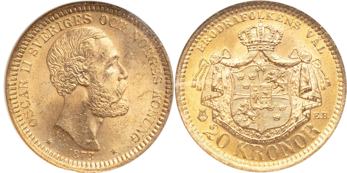 OSKAR II (1872-1907). 20 kronor 1878. Sista årtalssiffran omgraverad från en 7:a.