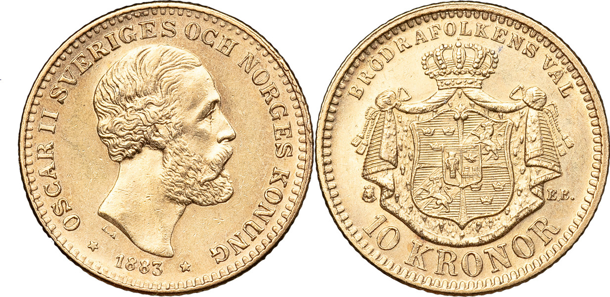OSKAR II (1872-1907). 10 kronor 1883. Vriden ca 30 grader.