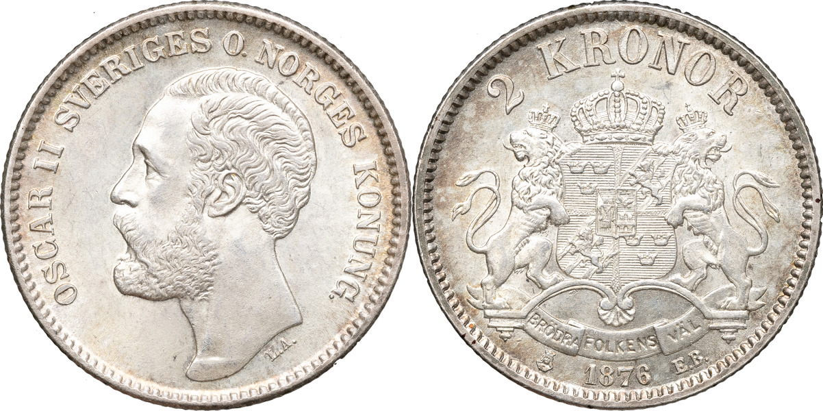 OSKAR II (1872-1907). 2 kronor 1876. Hopträngt årtal.