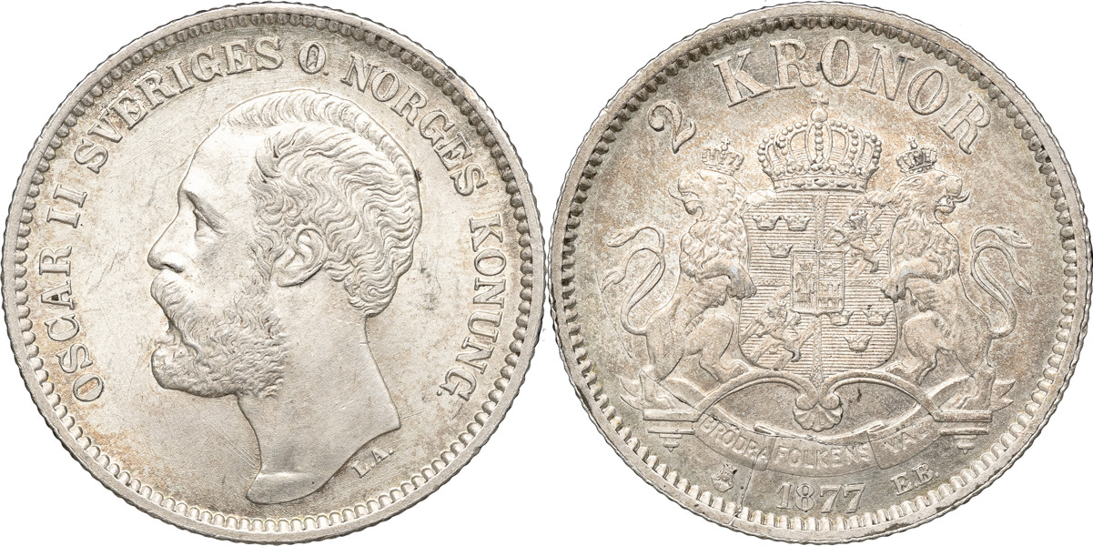 OSKAR II (1872-1907). 2 kronor 1877.
