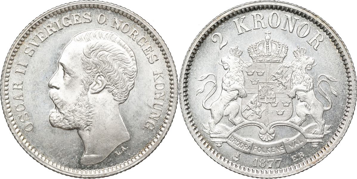 OSKAR II (1872-1907). 2 kronor 1877.