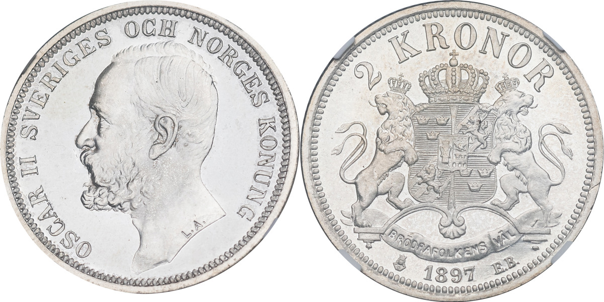 OSKAR II (1872-1907). 2 kronor 1897.