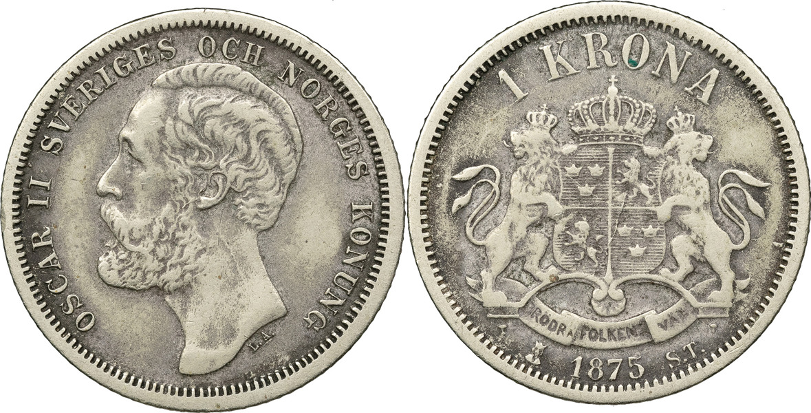 OSKAR II (1872-1907). Krona 1875. Samtida förfalskning av den så kallade Trollhätte-Svensson.