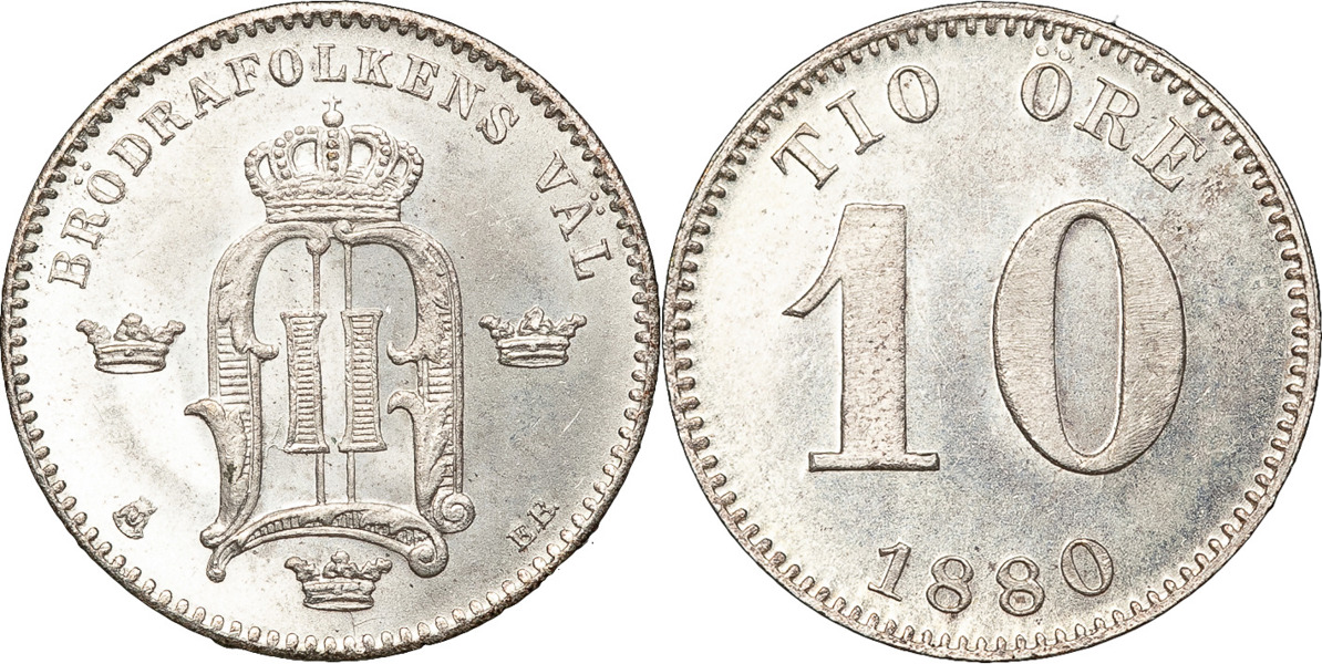 OSKAR II (1872-1907). 10 öre 1880. Längre valspråk.
