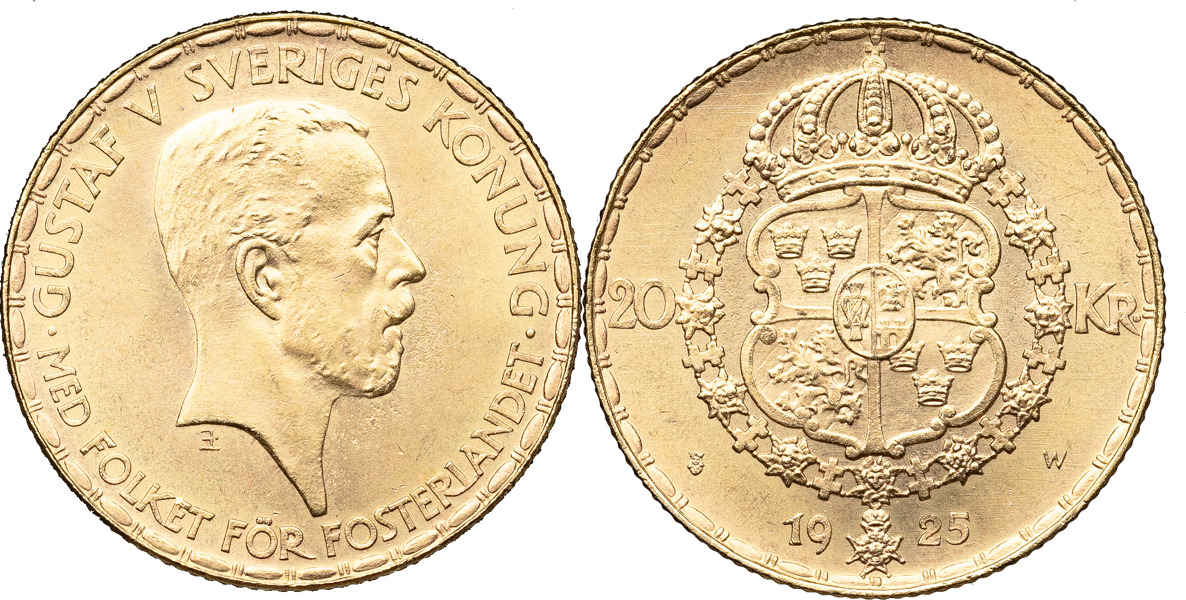 GUSTAV V (1907-1950). 20 kronor 1925. Ettårstyp.