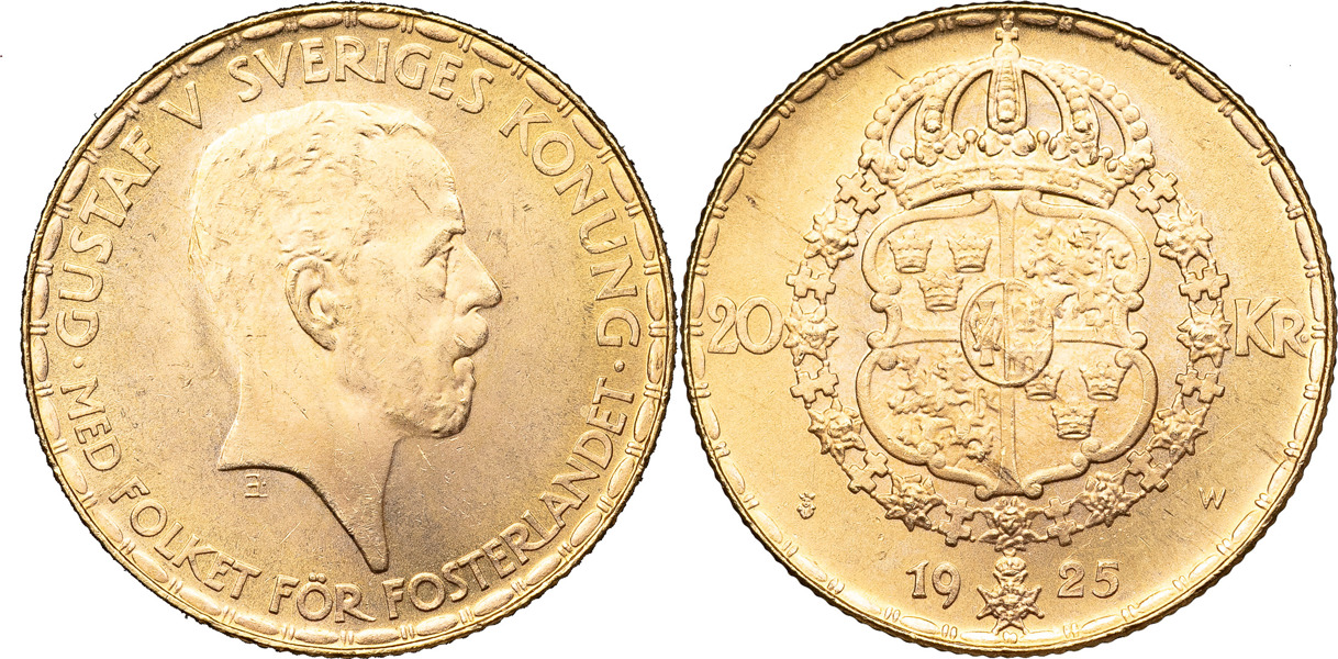 GUSTAV V (1907-1950). 20 kronor 1925. Ettårstyp.