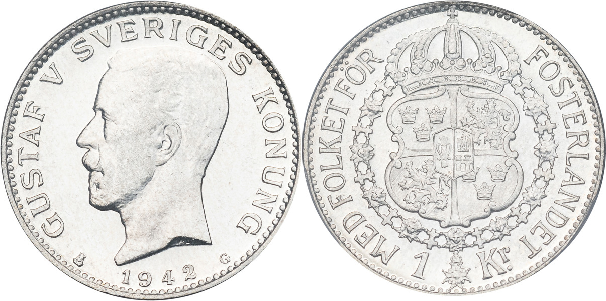 GUSTAV V (1907-1950). Krona 1942. Äldre typ med åtalet på åtsidan.