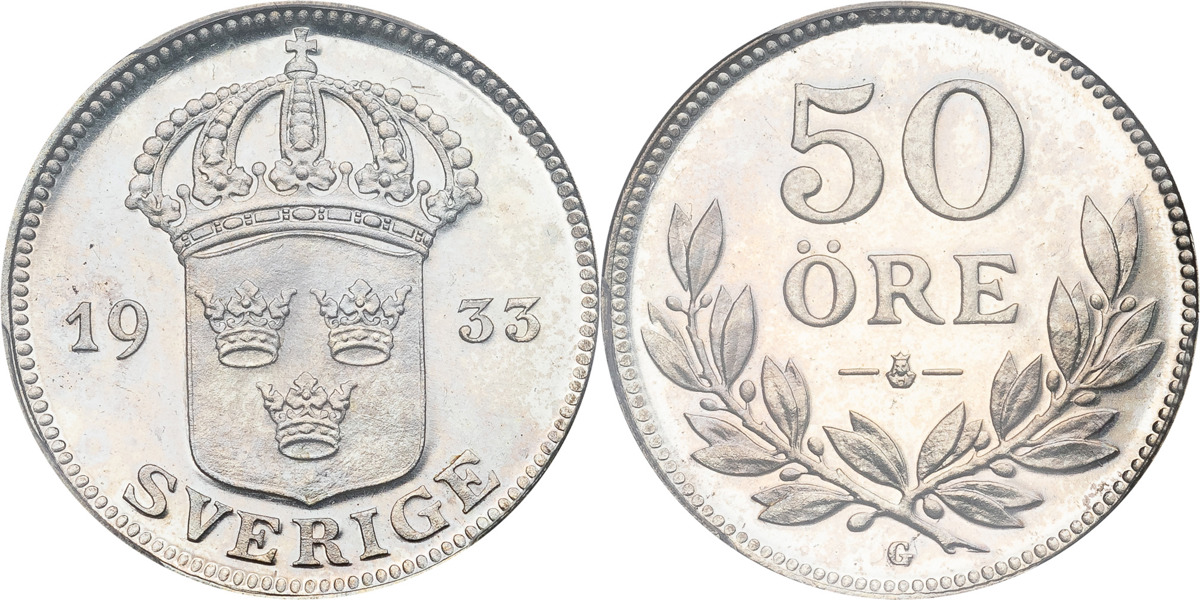 GUSTAV V (1907-1950). 50 öre 1933.