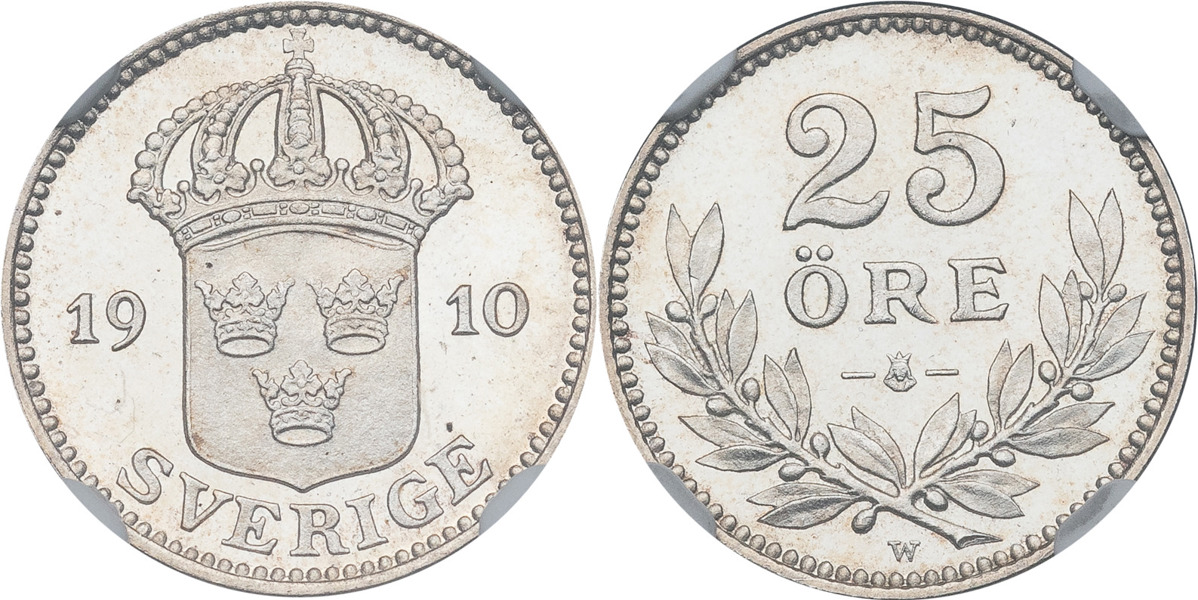 GUSTAV V (1907-1950). 25 öre 1910. Stort kors.