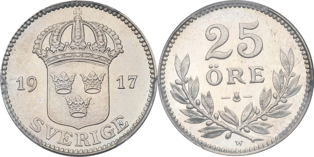 GUSTAV V (1907-1950). 25 öre 1917.
