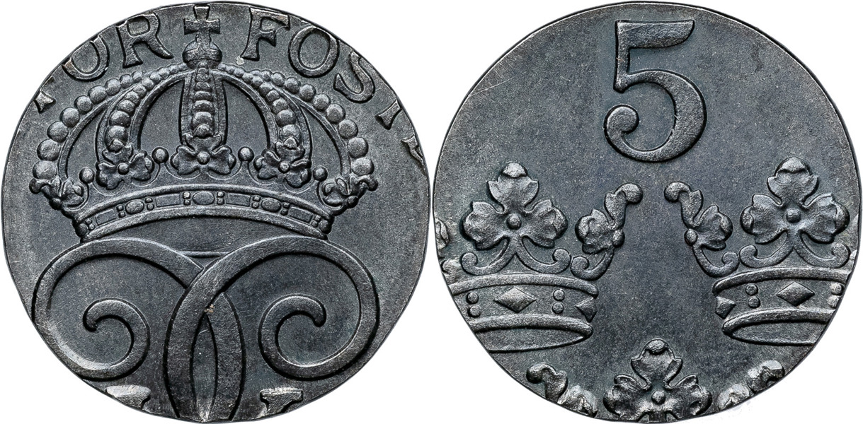 GUSTAV V (1907-1950). 5 öre utan synligt årtal. Präglad på platt för 1 öre i järn.