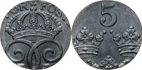 GUSTAV V (1907-1950). 5 öre utan synligt årtal. Präglad på platt för 1 öre i järn.