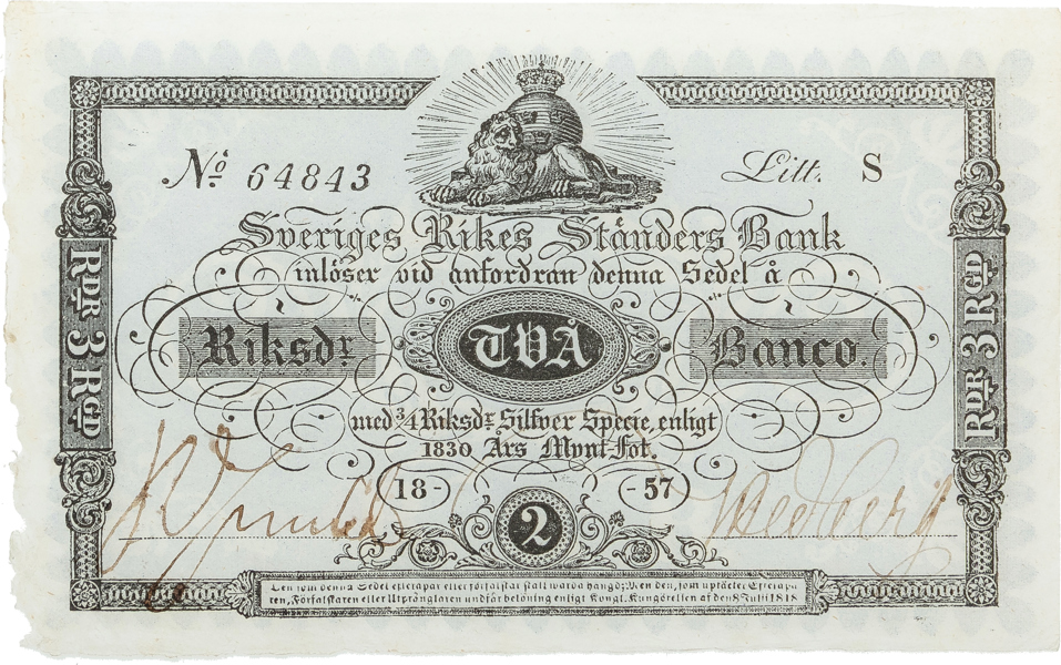 2 riksdaler banco 1857. S 64843.