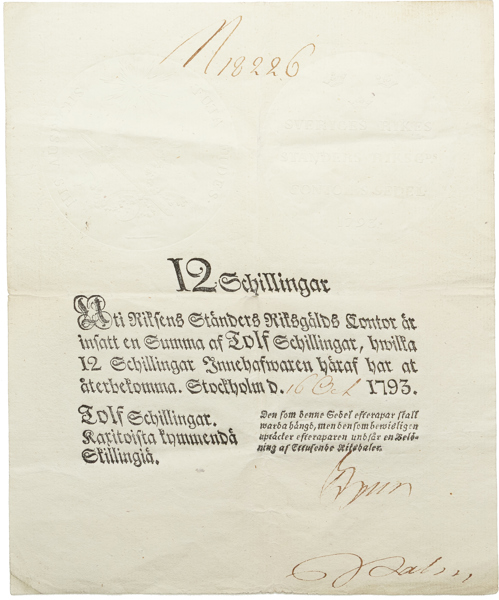 12 skillingar 1793. Nr 18226.