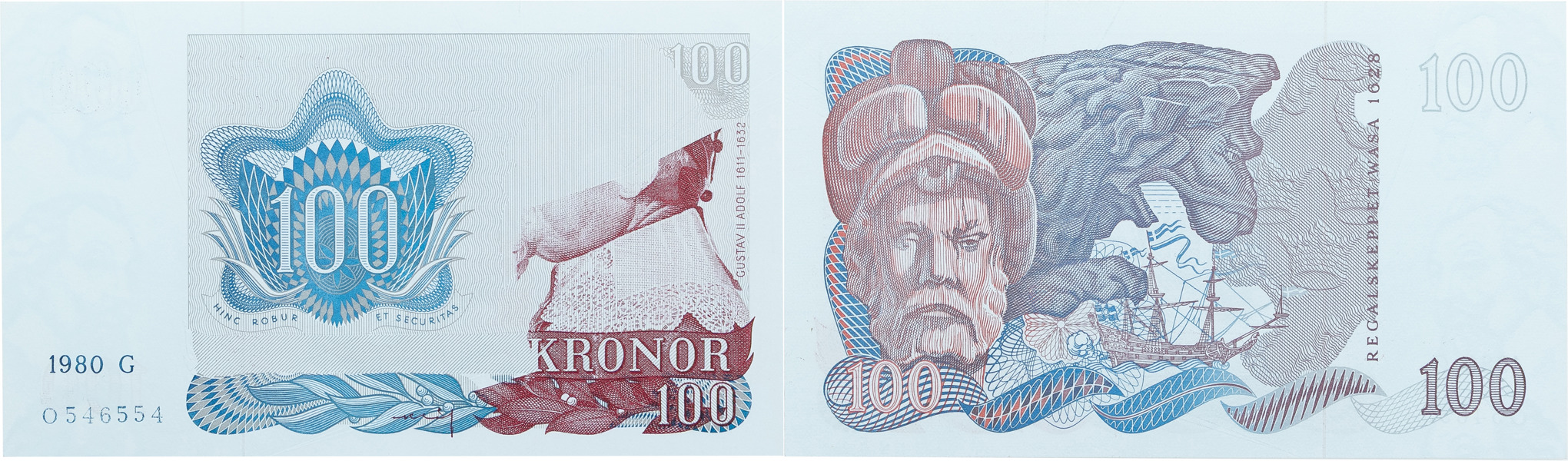 100 kronor 1980. Positionsbokstav G, O 546554.