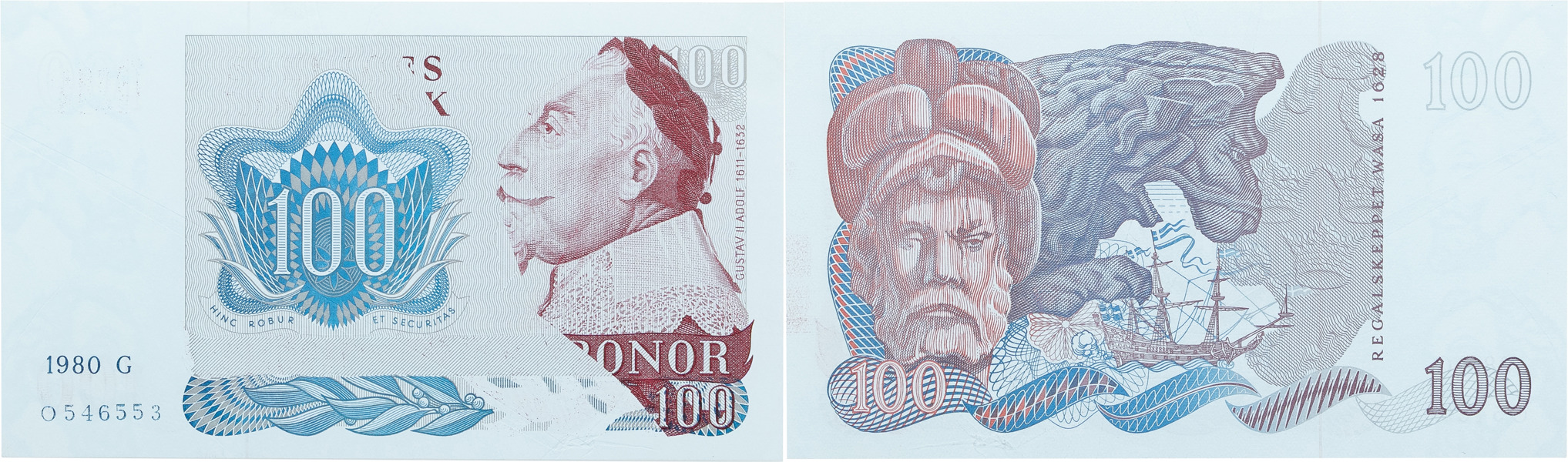100 kronor 1980. Positionsbokstav G, O 546553.