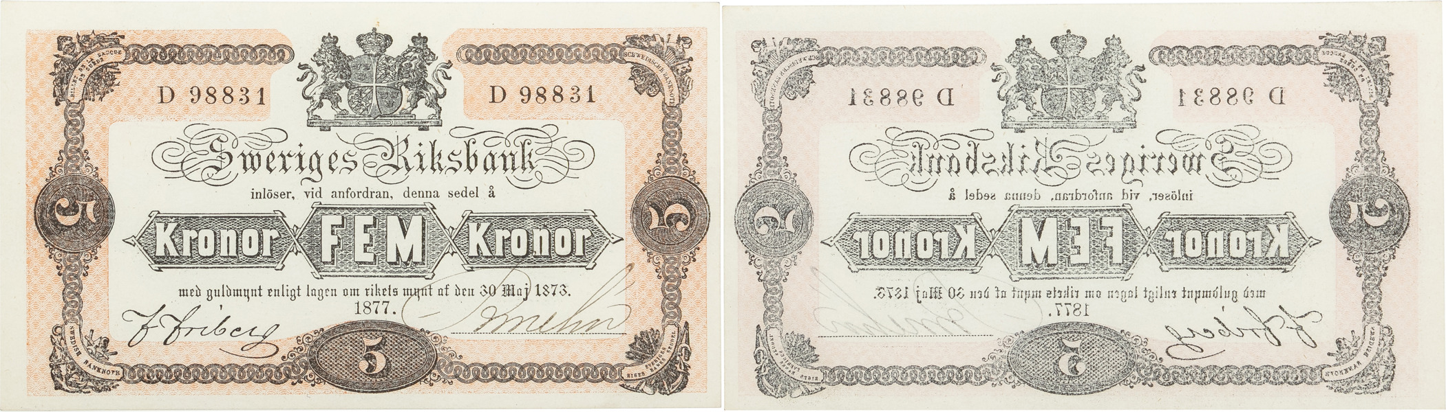 5 kronor 1877. D 98831.