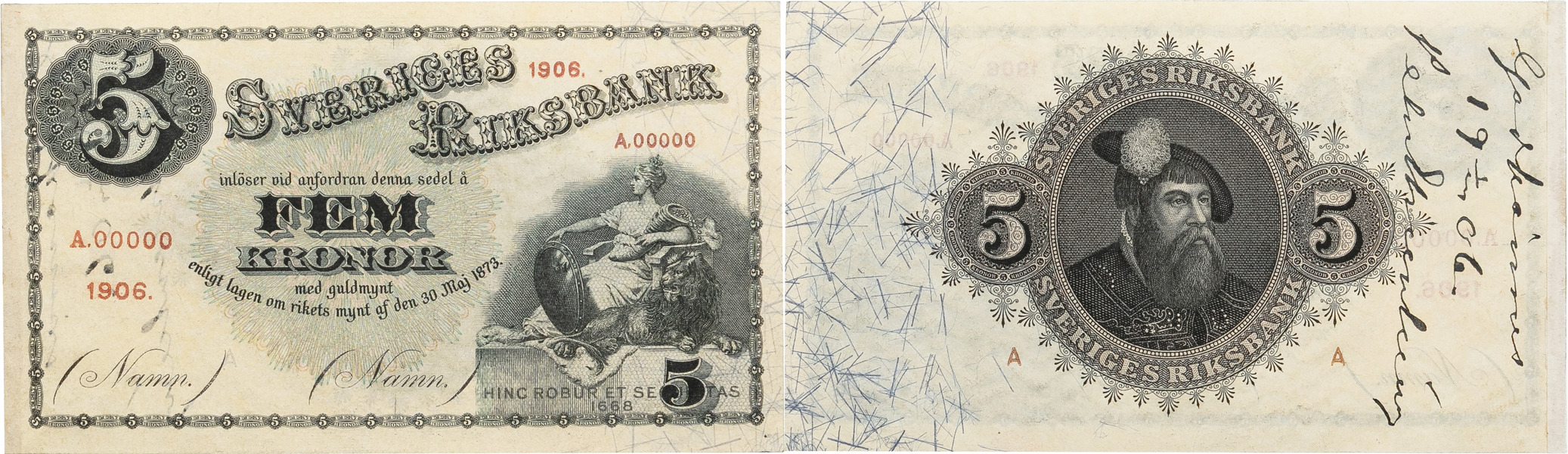 5 kronor 1906. A, 00000.