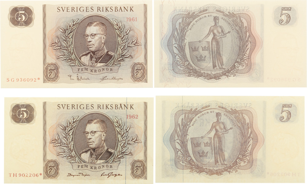 5 kronor 1961 (SG 936092) och 1962 (TH 902206). Stjärnmärkta.