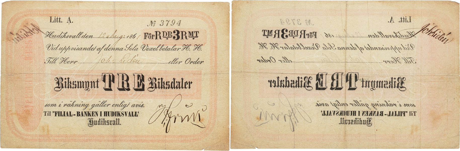 FILIALBANKEN I HUDIKSVALL. H. Frisk. 3 riksdaler riksmynt 1861.