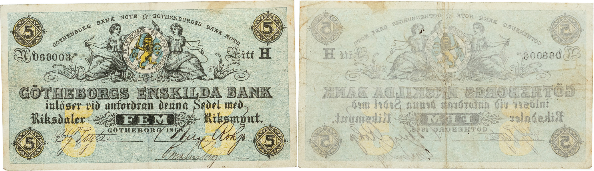 GÖTEBORGS ENSKILDA BANK. 5 riksdaler riksmynt 1868.