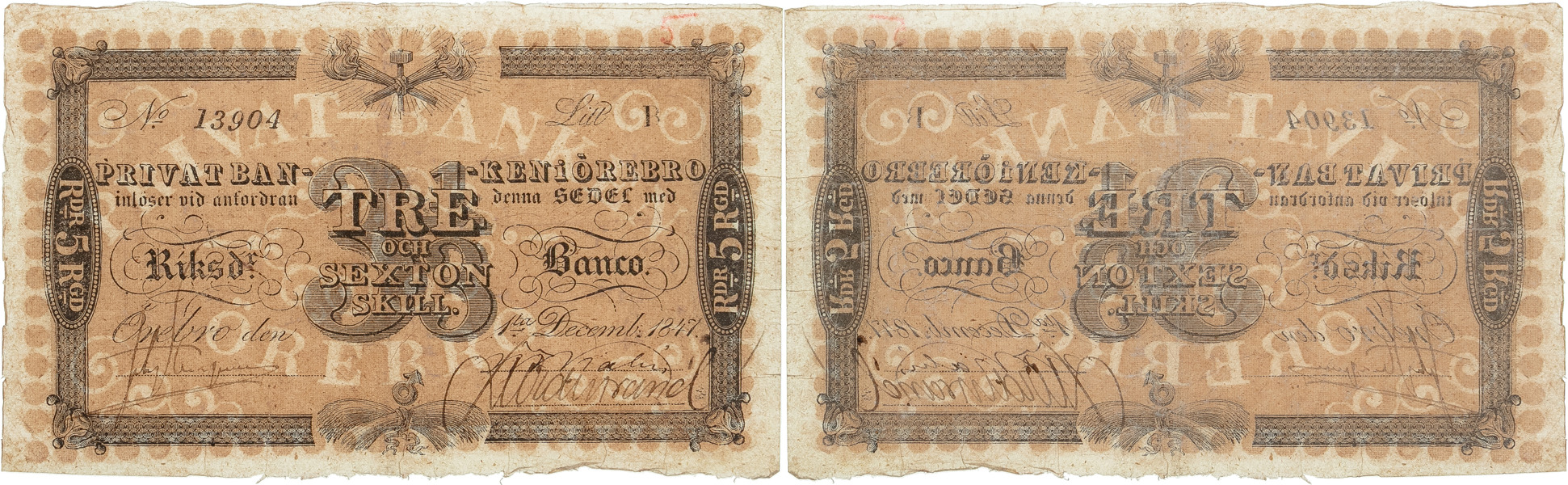 PRIVATBANKEN I ÖREBRO. 3 1/3 riksdaler banco 1847.
