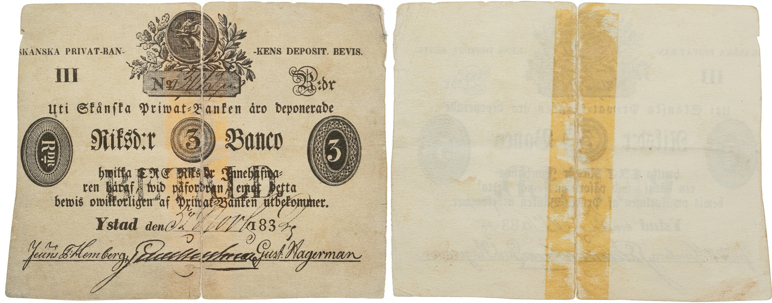 SKÅNSKA PRIVATBANKEN. Depositionsbevis om 3 riksdaler riksmynt 1832.