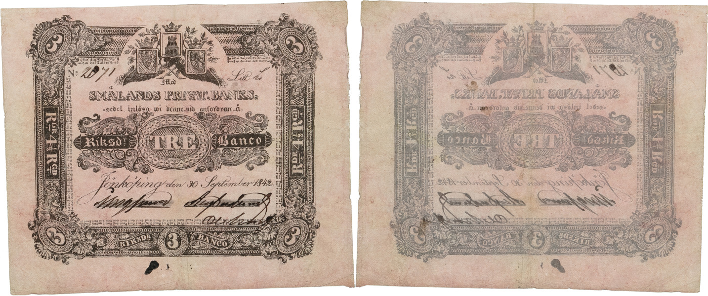 SMÅLANDS PRIVATBANK. 3 riksdaler banco 1842.
