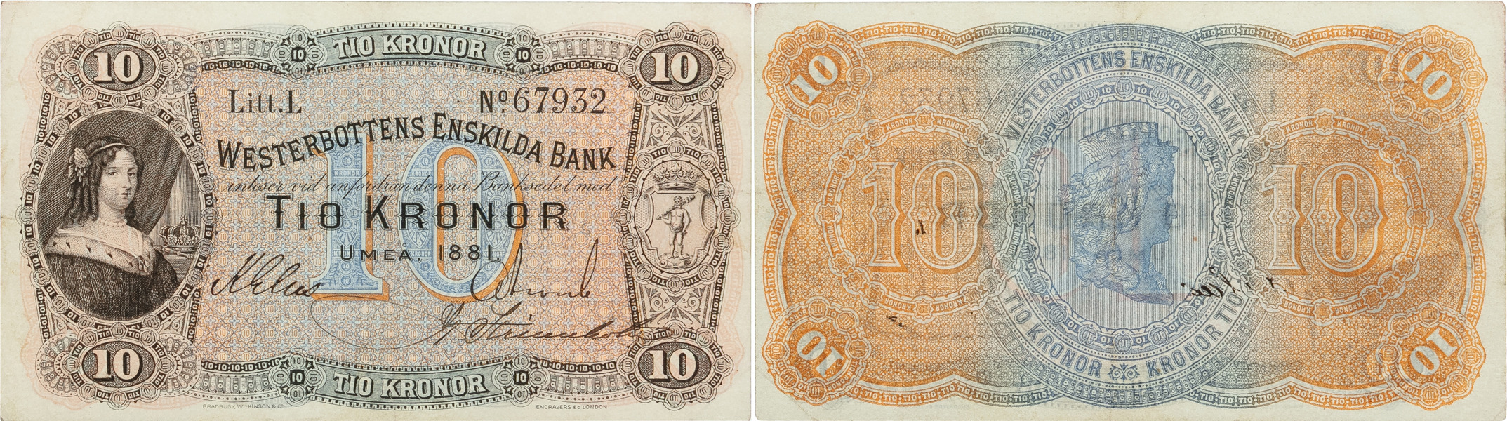 WESTERBOTTENS ENSKILDA BANK. 10 kronor 1881.
