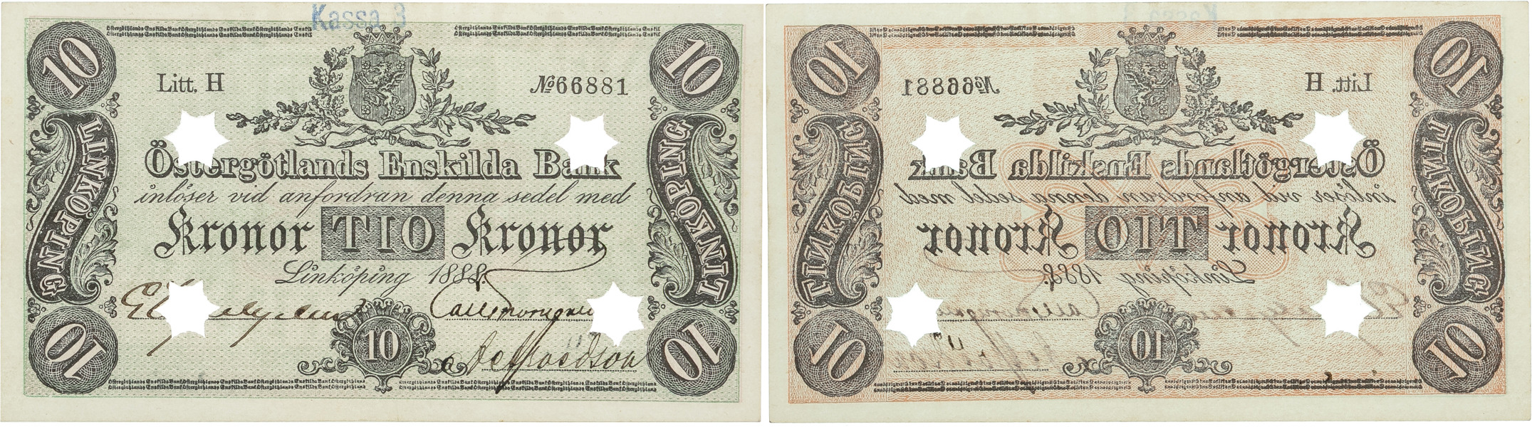 ÖSTERGÖTLANDA ENSKILD BANK. 10 kronor 1888.