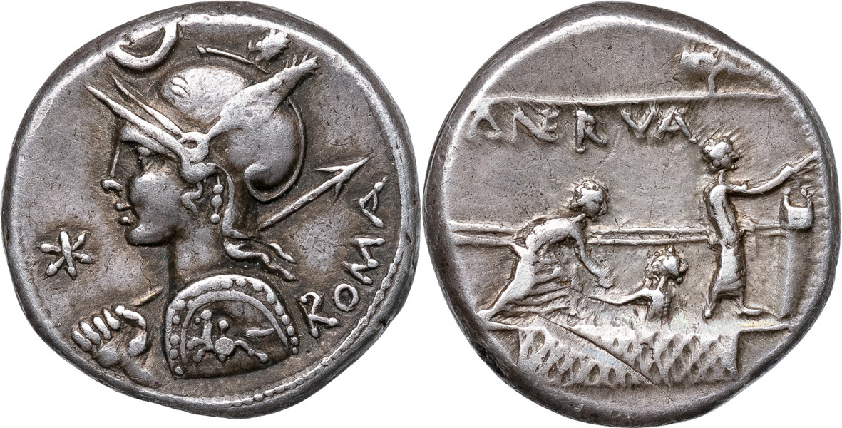 Roman Republic. P. LICINIUS NERVA (113-112 B.C.). AR denarius.
