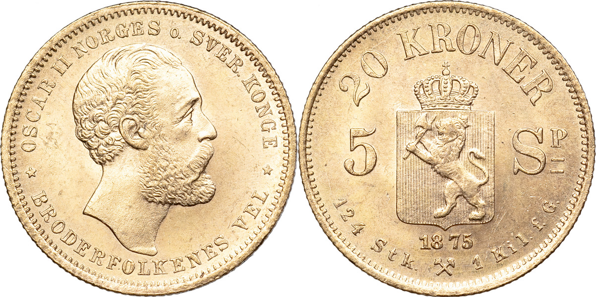 NORGE / NORWAY. Oskar II (1872-1905). 20 kroner 1875.