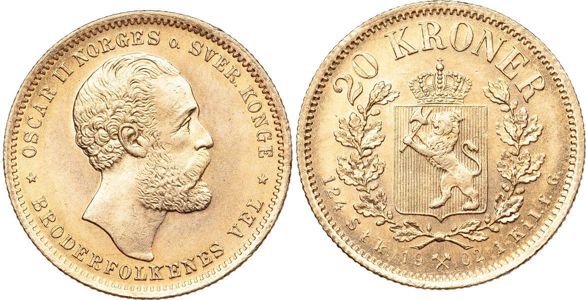 NORGE / NORWAY. Oskar II (1872-1905). 20 kroner 1902.