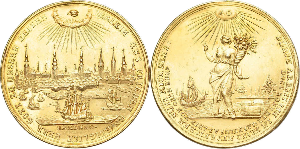 TYSKA STATER / GERMN STATES. HAMBURG. 1/2 portugalös (”Halber Privatportugalöser”) / 5 dukater utan årtal (1697-1700).