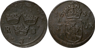 KRISTINA (1632-1654). 1/4 öre 1653