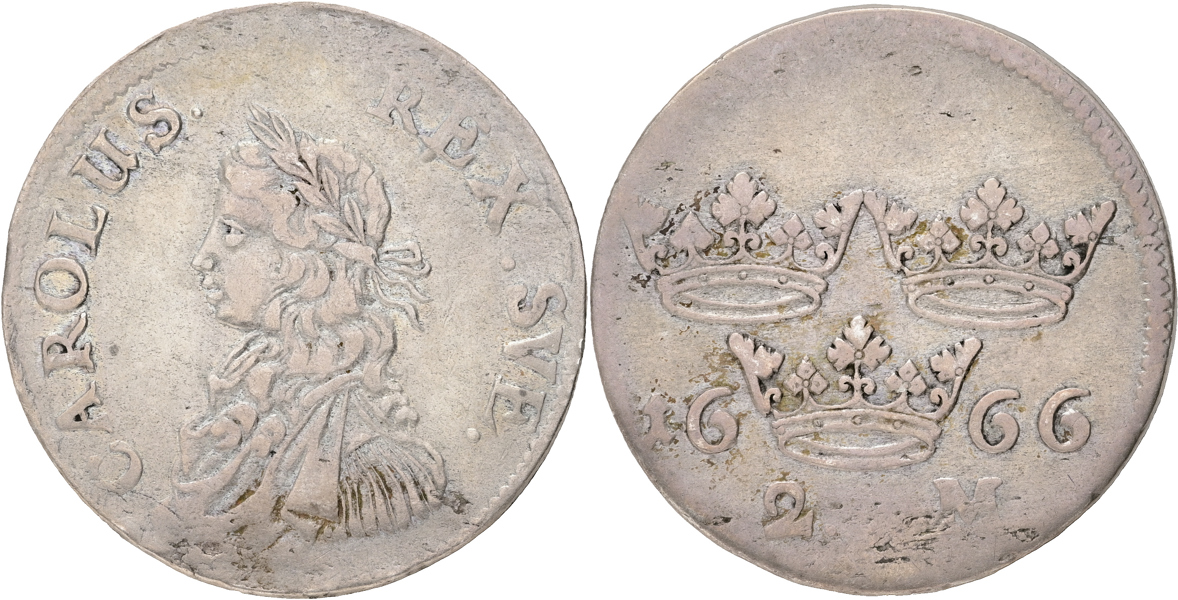 KARL XI (1660-1697). 2 mark 1666