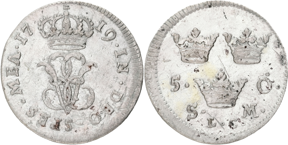 ULRIKA ELEONORA (1718-1720). 5 öre 1719